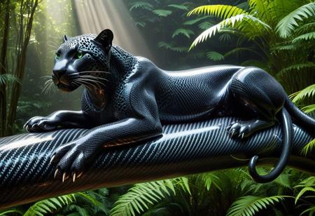 Highly detailed photographic image of a jaguar with incredibly intricate black carbon fiber "fur" resting on a large tree branch in the rainforest. The photorealistic natural forest surroundings an ironic contrast to details of the futuristic jaguar's woven carbon fiber coat, showcasing its distinctive beauty and muscular build in the woven strands. The rainforest environment should be lush and vibrant, filled with a variety of green foliage, exotic plants, and dappled sunlight filtering through the canopy above. Incorporate dramatic lighting to enhance the atmosphere, creating a sense of depth and intrigue. Include subtle elements such as mist or gentle rain to add to the mood, while ensuring the surreal carbon fiber jaguar remains the focal point of the composition. (Highly cinematic scene with natural surroundings; highly focused detail on the subject; beams of sunlight reflecting on the animal's unique carbon fiber fur; masterpiece scene; dramatic composition, 4k resolution, finely detailed texture)