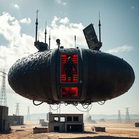 ultra high resolution, masterpiece, best quality, large rectangular glossy black spacecraft with an extremely rough textured surface, hovering low to the ground, underneath the spacecraft are cables, hoses, and wires, antennas on top, cables hanging from below, rectangular in shape, futuristic world, post apocalyptic landscape, ((low concrete buildings:1.3)) anti gravity, in the atmosphere, sky, clouds, ground visible, hovering, dry, ((dusty)), bleak landscape, parched, bright noon sunlight, square shapes, bleached colors, destroyed industrial buildings, powerlines and towers, concrete foundations, open entrance hatch on spaceship, soldier in dark armored spacesuit, helmet, standing in the well lit entrance, red interior lighting