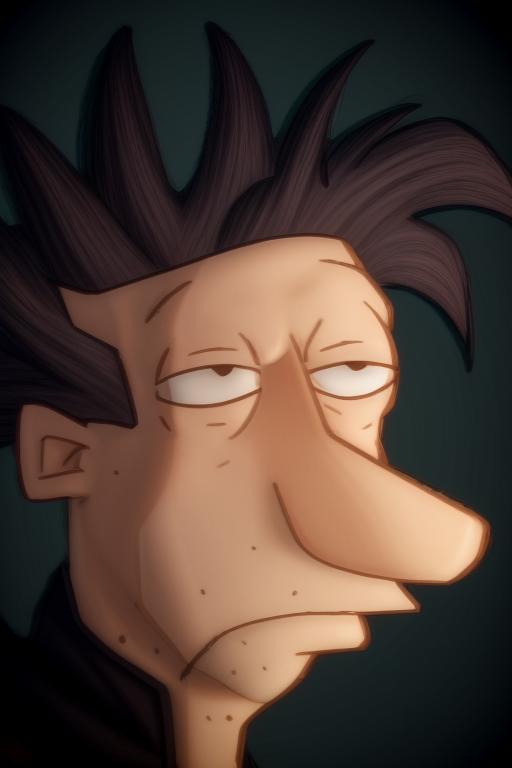 A character with spiky black hair and a big nose looking down.