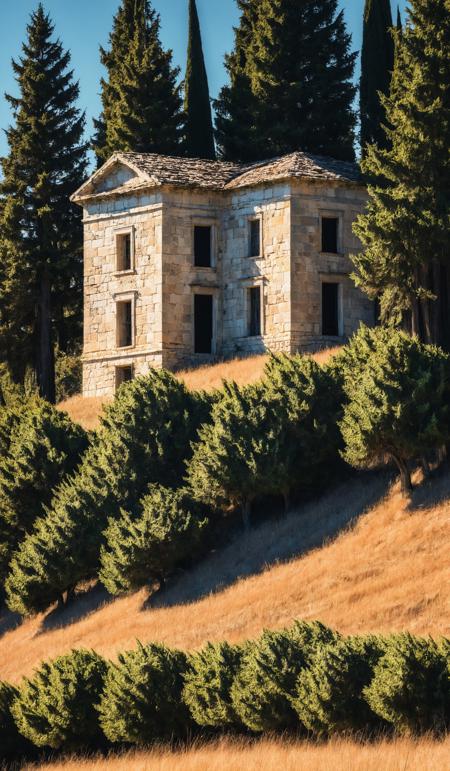 Abandoned stone building next to cypress trees on hillside road, breathtaking photograph, dramatic light, award-winning, professional, film, cinmatic look, film grain, minimalistic, <lora:add-detail-xl:1>, <lora:SDXLHighDetail:0.3>