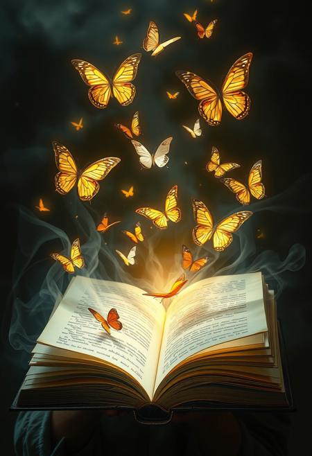 A person reading a book, but the words turn into floating butterflies that fly out of the pages
,
ethereal glowing light, dynamic sculptural figures, expressive movement, cinematic color palette, dreamlike atmosphere, classical realism with soft surrealism, intimate and emotional storytelling, fluid organic compositions, sculpted yet fleeting moments, frozen energy