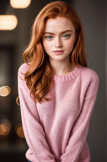 award-winning, professional headshot photo of beautiful sad1es1nk smiling, skin pores, wearing a (pink sweater:1.2), looking at viewer, a woman as a movie star, (simple background:1.4), dark moody ambiance, (masterpiece:1.2) (photorealistic:1.2) (bokeh) (best quality) (detailed skin:1.2) (intricate details) (nighttime) (8k) (HDR) (cinematic lighting) (sharp focus), (looking at the camera:1.1), (closeup portrait:1.1), hyperrealistic photography, photographed on a Sony a9 II Mirrorless Camera, 50mm prime lens, F/1.4, (highly detailed), cinestill 800, 8mm film grain, dynamic angle, (long ginger hair)