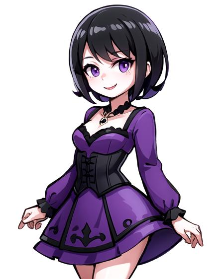 Black hair,  short hair,  goth,  purple dress,  purple eyes,  purple dress,  black corset,  smile,  tired,  (white background:1.3),  cowboy shot,  solo,  1girl, <lora:EMS-44567-EMS:0.700000>