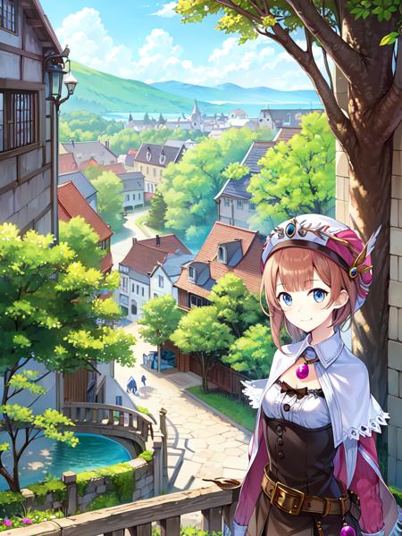 charrorona, 1girl, solo, belt,smile, upper body, short hair, dress, hat, cape, black bow, pendant, skirt, jewelry,long sleeves, frils, arms at sides, looking at viewer, outdoors, town, path, tree, <lora:roronav1g:1>