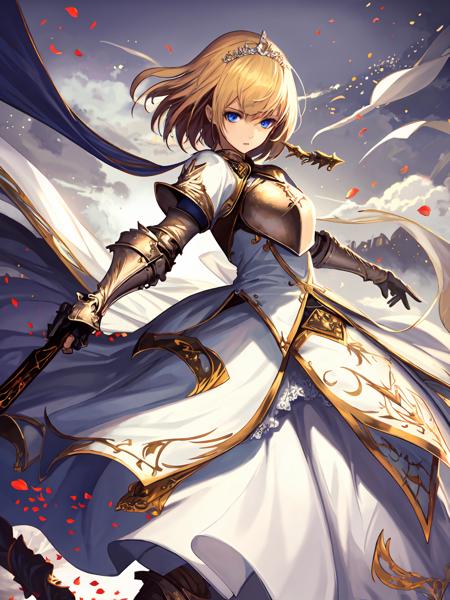 masterpiece,best quality,highres,cinematic lighting,dramatic angle,<lora:ShadowverseAureliaV2:0.8> ,blonde hair,hairband,breastplate,crown,armored boots,gauntlets,petals,white  dress,looking at viewer,serious,blue eyes,parted lips,holding sword,slashing,glowing weapon,cowboy shot