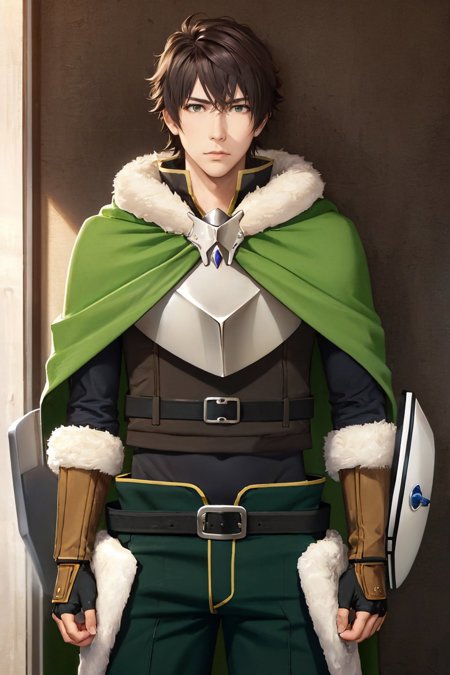 iwatani naofumi fur trim armor green cape pants fingerless gloves