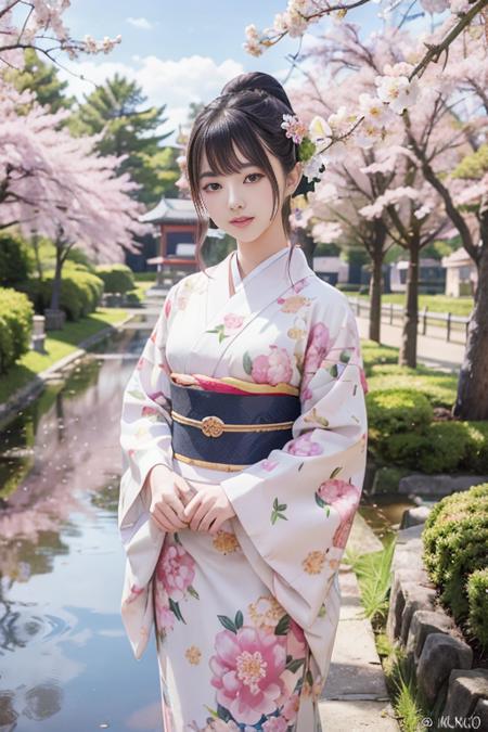 japanese woman in japanese castle park, cute kimono outfit, masterpiece, best quality, official art, unity 8k wallpaper, ultra detailed, beautiful and aesthetic, beautiful, 1woman, kawaii_asian:0.2,  <lora:realistic_kimono_clothes:0.5>