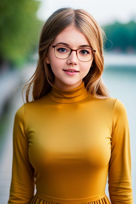 a photo of AM207_Kay_J,
30 years old bun-haired woman in (thick frame glasses) weared (long-sleeve high neck dress:1.2)
walking along the riverbank in the city, 
soft light, golden hour, cheerful mood, shoulder shot, close up, 
4k textures, natural skin texture, skin pores, adobe lightroom, photolab, intricate, highly detailed, sharp focus, professional photo, insane details, intricate details, hyperdetailed, hyperrealistic