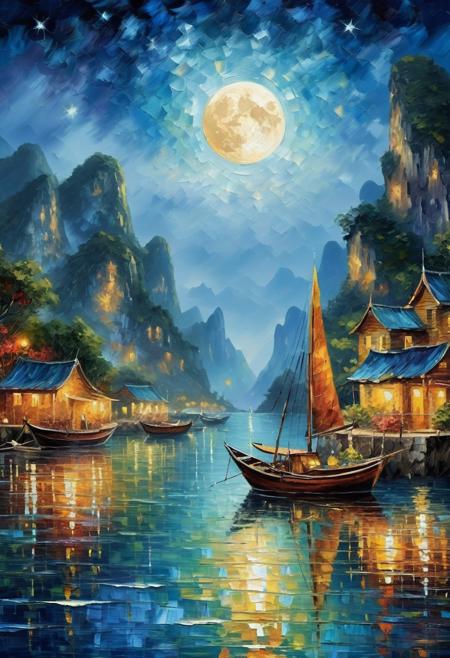 (by artist "Thomas Kinkade", by artist "Leonid Afremov"), a group of boats floating on top of a body of water, fantasy art, the moon and stars, dreamland of Vietnam Sea Halong Bay Crag Cove, Cliffs, perfectly calm waters, highly detailed and hypnotic, painted in high resolution, fantastically beautiful, amazing composition, glossy painting, sparkling cove, mesmerizing, starry nigh by Van Gogh, deep blue colors. Masterpiece, abstract vector fractal, wave function, Zentangle, PBR Shading