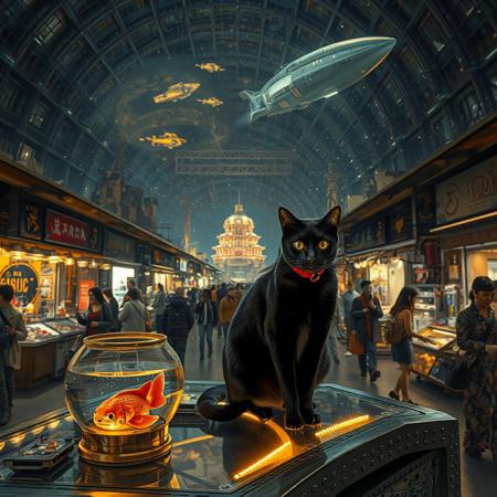 Setting is a futuristic shopping market at night in a huge domed building at night, the market is comprised of street vendors selling robot parts, food, weapons, and robots.  (((((CLASSICALLY STYLIZED LIGHTING AND ARCHITECTURE FROM CHINA INDIA JAPAN FRANCE EGYPT ROME AND GREECE))))), A gold fish bowl is on the table with a cat-fish) People wearing futuristic cyberpunk clothing are walking through the street market shopping and eating, A sleek black cat with red collar sits on a cluttered metal riveted desk with transparent top and micro-LED lighted computer components visible inside, On the desk is an ebony and gold maneki neko statue and futuristic art deco lighting, (((a beautiful woman, 24 years old, is standing in the foreground FACING THE VIEWER, she has an expression of interested curiosity)))))), the sleek black cat with red collar is sitting on the desk and watching the people walking by in the busy street market, the woman is dressed in futuristic cyberpunk ECLECTIC style yukata with a low neck line alluring aesthetic. An enormous art deco inspired starship with futuristic lighting and an enormous space station are visible in the background among the stars, The woman's hair is elegantly tied up with a ribbon. Artistic cyberpunk, dynamic perspective, (((overall architectural aesthetic is Art Deco Cyberpunk))).  Epic image that elicits a feeling of wonder and awe,