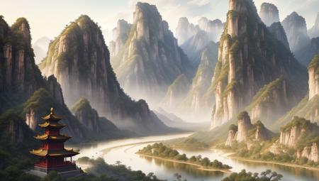 ancient chinese style landscape painting, mountains in front, beautiful winding green river behind, extremely sharp old paper detail, high paper detail, high line detail, high resolution, ultra high quality, raw, 8k image, extremely high color detail, intricate, epic composition, cinematic lighting, masterpiece, bold complimentary colors. stunning masterfully illustrated by artgerm and range chinese style landscape painting, yellow paper color, painted with black and white ink, extremely sharp old paper detail, high paper detail, high line detail, high resolution, ultra high quality, raw, 8k image, extremely high color detail, intricate, epic composition, cinematic lighting, masterpiece, Artstation, Sergey Svistunov, hyperrealistic, thick fog