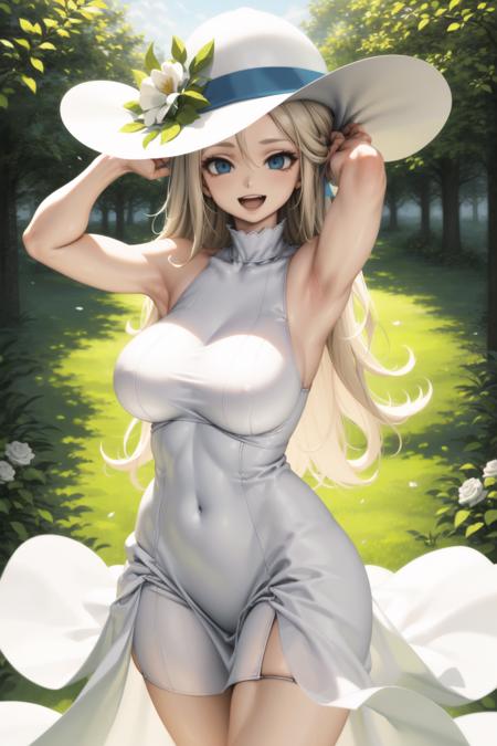 <lora:letdie1414_v0.1:1>
1girl, long hair, breasts, looking at viewer, smile, open mouth, blue eyes, blonde hair, hat, dress, flower, outdoors, teeth, sleeveless, armpits, white dress, tree, rose, white headwear, white flower, sun hat, hat flower, on head, sundress, masterpiece, best quality, highly detailed