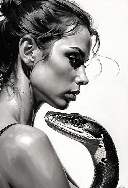 side view, snake, it is looking to the viewer, Steve McDonald style, Michael Garmash style, Adam Hughes style, neutral white background, ultra realistic, hyper detailed, impressionism art oil painting style, black and white