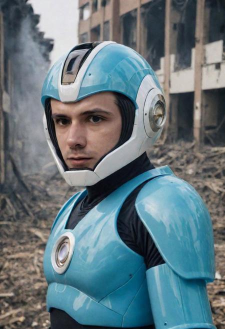 Portrait Photo of a ((((blue gelatine :1.7))megaman:1.7)), who is standing looking at how his city has been destroyed by a nuclear bomb. He has just arrived at the disaster and observes the horror of the destruction, ruined buildings full of smoke and flames, ground full of rubble with skeletons lying around In the dawn light floods the scene, the man is completely dressed in normal clothes and wet, he is dirty, everything is a disaster, the sky is cloudy and it is raining,(beautiful face:1.6), Fujifilm XT3,film still,film grain,cinematic,soldier accessories,war style, professional photo,best quality and best aesthetic,Award-winning artistic photos,Outdoors,public places,( detailed in background:1.6)Perfil,18-20 (dirty:1.8)