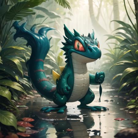 (8k, RAW photo, best quality, masterpiece:1.2), jungle, tropical forest, moisture, tail, green scales, red eyes, long tongue, puddles, steam, sweat, raindrops, vivid colors , techo, <lora:Techo:0.70>