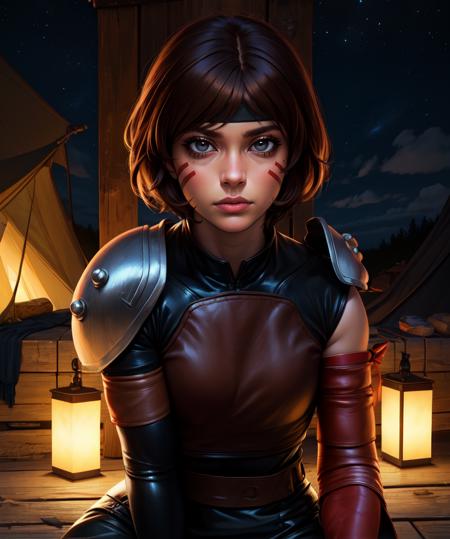 Smellerbee,brown hair,facial mark,black eyes,eyeliner,
headband,brown leather top,single shoulder pad,red armband,
upper body,sitting,
camp,night,
(insanely detailed, beautiful detailed face,beautiful detailed eyes, masterpiece, best quality),solo,<lora:Smellerbee-10AV7:0.7>,