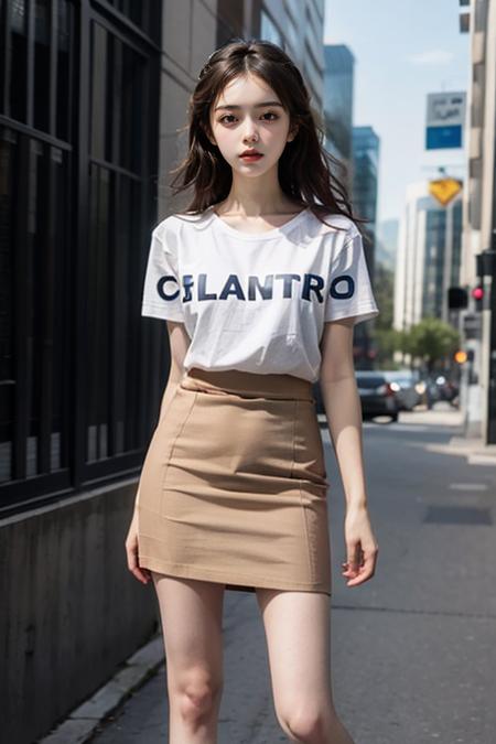 1girl,white t-shirt,office,ss pencil skirt,standing, <lora:ss pencil skirt:0.7>,outdoors,short skirt,