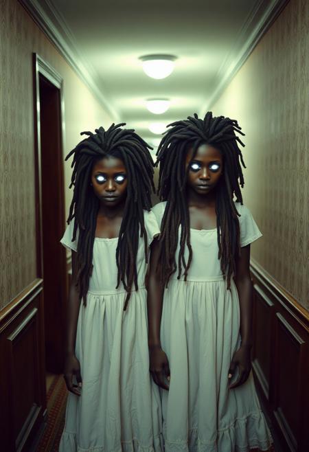a photograph of two creepy brown skinned adult women twins with a blank facial expressions with glowing white eyes, wearing vintage dirty white babydoll dresses, wild long dreadlocks that completely cover their face, they are standing at the far end of a long hotel corridor, analog photo, Sony - Cinema Line FX30 Super 35 Camera, inspired by The Shining by Stanley Kubrick.