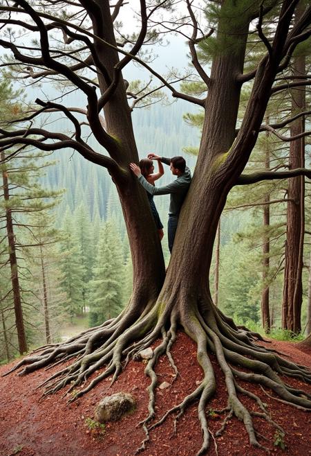 film stock nature photography, two trees dancing in a forest, their roots and branches resemble limbs, their positions look like that of tango dancers, bodies really close. On top of a mountain in the middle of a prime forest.