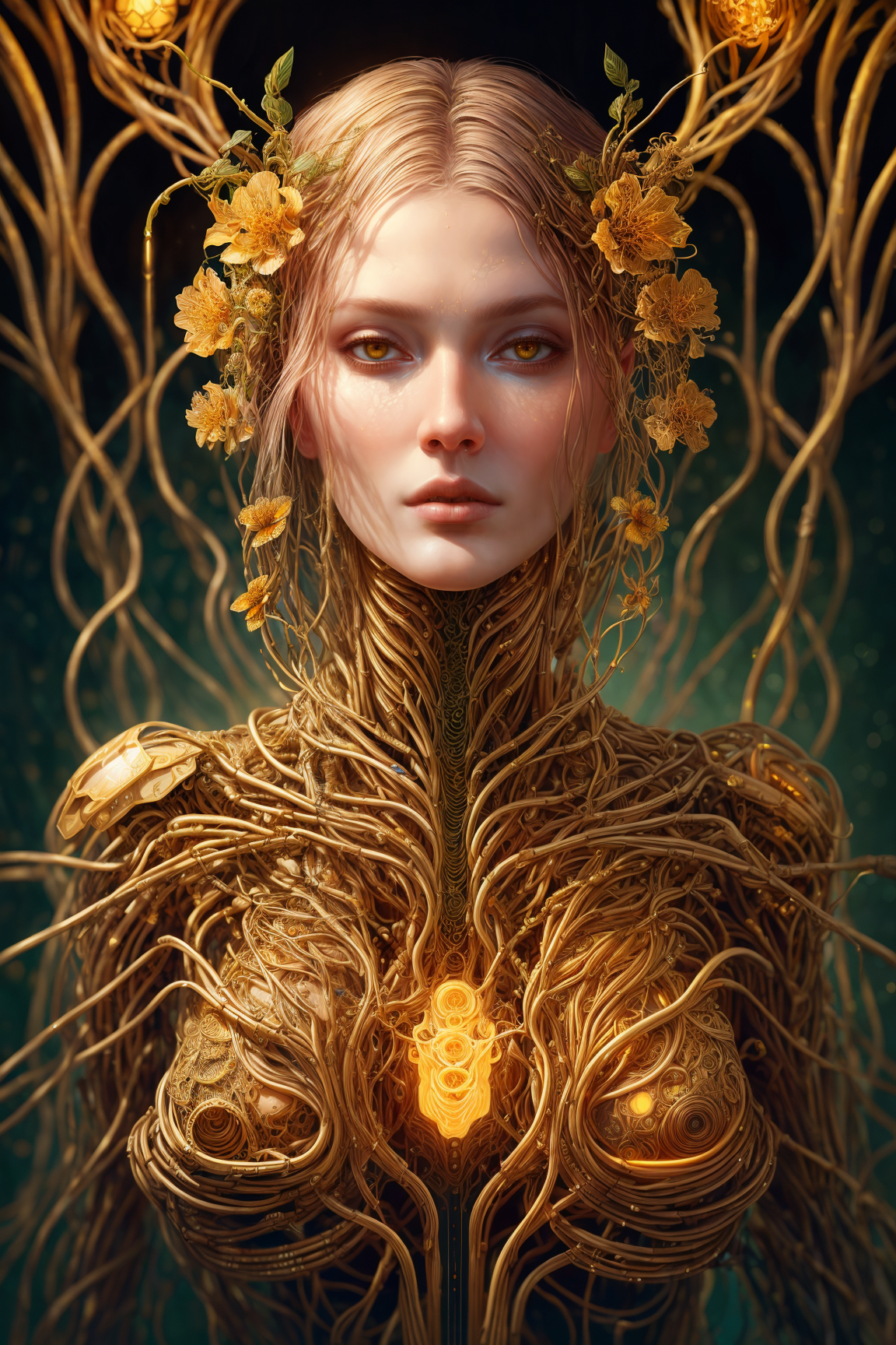 photo, portrait, honeydew cybernetic woman, intricate wiring and artifacts, gilded vines, translucent honeydew flowers, go...