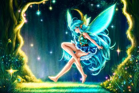 <lora:GoodHands-beta2:0.8>, Fantasy Forest, firefly, 
1girl ( fairy, fairy wings, very long hair, light blue hair, spiked hair, light blue eyes, medium breasts, ) frilled mini dress, light smile, blue crystal jewelry,