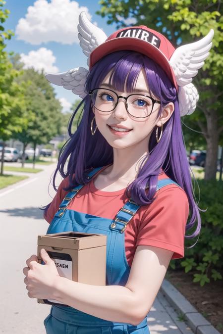 8k,(masterpiece:1.4)(best quality:1.4),(top quality), 1girl,glasses,blue eyes, long hair,purple hair, smiles,short sleeves, wing hat , red shirt,blue overalls, village, outdoors,   looking at viewer, solo focus, (shiny skin) , <lora:arale:0.7>