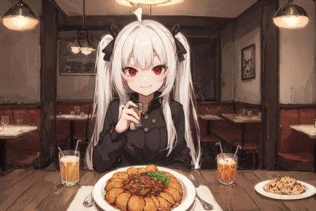 masterpiece, restaurant, pov across table, red eyes, white hair, twintails, smile, drink, food, food focus