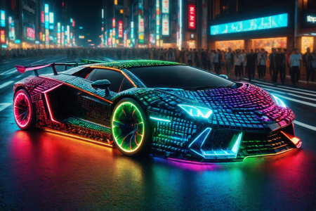 a streamlined convertible made out of RGB Keyboards, with retractable roof, sleek curves, solo, transparent roof with RGB lights, tinted glass, a neon high-altitude platform with clouds below, futuristic structures with RGB lights, detailed background, racing on a track, wheels spinning with RGB lights, dynamic motion, dynamic angle, wide shot, a glowing RGB traffic sign with RGB lights, on the road, best quality, vibrant colors, photorealistic style, high detail, high-definition, hyper-realistic, extremely high-resolution details, fine texture, incredibly lifelike, realistic, not cartoon, not drawing, highres, 4K resolution, source photo, realistic photo, masterpiece, best quality, amazing quality, very aesthetic, ultra-detailed, detailed textures, natural lighting, soft lighting, neon RGB colors, vibrant reds, blues, greens, digital flash, bright and intense, wide shot, <lora:RGB_Keyboard_themed-000008:1>