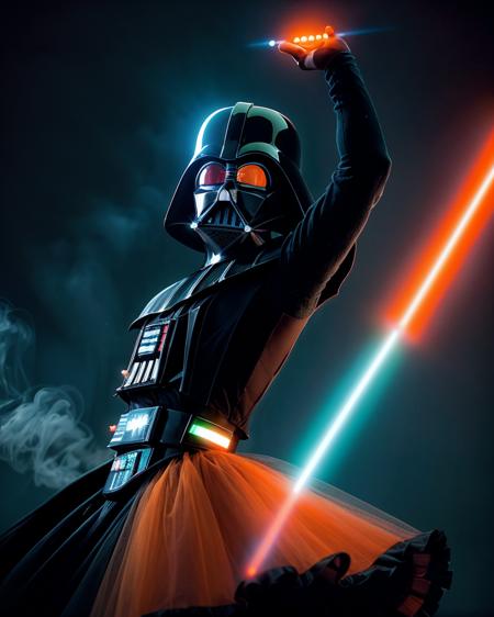 photo RAW,(close-up a darth vader dancing ballet while wearing a tutu, dynamic pose,laser show on beautiful scene,smoke, point light, Black orange and teal_green colors), masterpiece, award winning photography, lighting, perfect composition, high detail, hyper realistic,dramatic lighting, epic