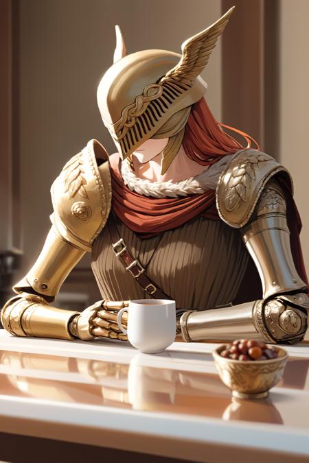 Highly detailed,  High Quality,  Masterpiece,  beautiful,  IncrsXLMalenia,  (single mechanical arm,  prosthesis:1.2),  food,  simple background,  elbows on table,  cup,  blurry background,  indoors,  upper body,  brown dress,  helmet,  armor, <lora:MaleniaXL:1>