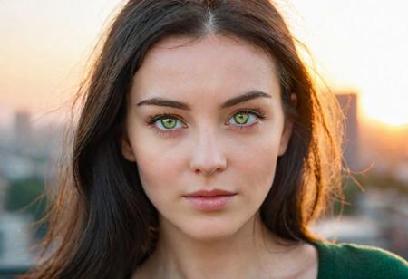 A close-up photo of a woman with pale gray eyes, captivated by the sun. Her green eyes reflect the sunlight, creating a magical effect. She has a thoughtful expression, medium-length dark hair, with a background of a softly blurred cityscape at dawn. Created Using: high-quality photography, direct sunlight, subtle shadows, urban morning light, realistic detailing, soft background focus, warm color grading, naturalistic style --ar 1:1 --v 6.0