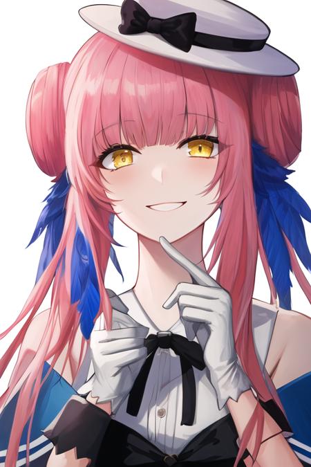 masterpiece, best quality, highres, solo, {ceylon_arknights:1.10}, long_hair, bangs, pink_hair, feather_hair, feathers, hat, white_headwear, blue_feathers, hair_bun, yellow_eyes, bow, smile, hat_bow, black_bow, very_long_hair, 1girl, looking_at_viewer, simple_background, gloves, hand_up, white_gloves, dress, upper_body, portrait, white_background