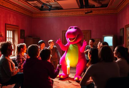In a forgotten TV studio, a group of nostalgic fans gathers for a bizarre reunion of their favorite childhood show featuring Barney, the cuddly dinosaur. As they reminisce, the walls pulse with eerie energy, awakening a sinister presence linked to the beloved purple monstrosity. 
As they dance around in a do-si-do, the atmosphere shifts—the cheerful verses become chilling, and Barney begins to wave his arms frantically. The laughter fades as the creature's charm takes hold, binding the fans to their memories, trapping them in a cycle of joy and terror. Suddenly, Barney brushes against a flickering candle, igniting the costume in a blaze of crimson flames.
Instead of panic, the group erupts in laughter, a twisted delight filling the studio as they cheer for the spectacle. “Oh boy, Barney's on fire!” they chant, embracing the chaos, their humanity slipping away. But as the flames consume their beloved dino, the twisted truth unfolds: they are not merely fans, but ancient devotees, sacrificing their past for the beast's eternal reign, lost in a hellish performance from which there is no escape.