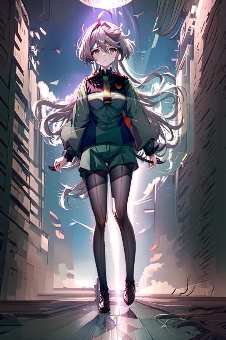 miorine, 1girl, miorine rembran, asticassia school uniform, solo, long hair, grey eyes, grey hair, ahoge, seamed legwear, green shorts, necktie, bangs,black pantyhose, long sleeves, green jacket,  red necktie, standing in space, sunlight, full body, black shoes, <lora:Miorine-000009:0.8>, body focus, close up, <lora:doortoinfinity:1.0>