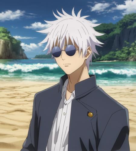 gojou satoru, 1boy, solo, sunglass <lora:gojosatoruxl1:1>, jacket, gakuran, (masterpiece , best_quality ) , beach, water