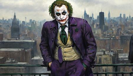 m4n3t,close-up,
Heath Ledger's Joker stands with his jacket billowing in the wind, overlooking Gotham City. 