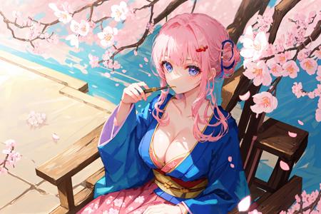 1girl, masterpiece, best quality, extremly detailed, Cinematic lighting, intricate detail, highres, official art, finely detailed beautiful face and eyes, high resolution illustration, 8k, dark intense shadows, overexposure,blue kimono, long white hair, half updo, latex bodysuit, pink lips, blue eyes, smoking pipe, smoking, golden hair ornaments, seiza, upper body, large breasts, cleavage, ((cherry blossoms)), red roses, glowing plants, looking at viewer, sitting on ground, from above, sunshine