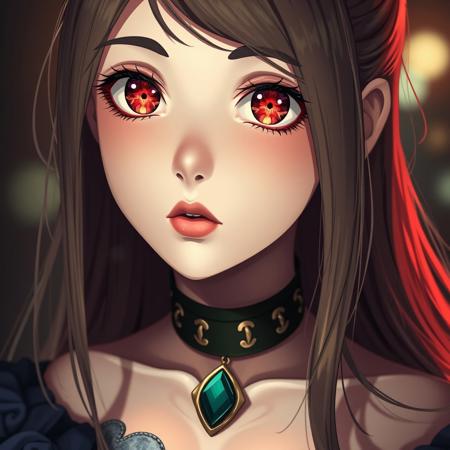 hyperrealistic digital painting by Jeremiah Ketner and Charlie Bowater and Stanley Artgerm and Thomas Saliot and J. Scott Campbell, shallow depth of field, realistic anime, bokeh, lifelike anime woman, closeup on cute face and body, glowing red eyes, lips, light and shadows on face, Irish girl wearing a royal choker, amulet, fully dressed, cleavage
