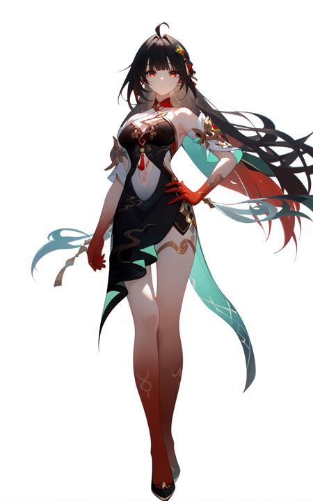 score_9, score_8_up, score_7_up, score_anime, 8k, best quality, masterpiece, (ultra-detailed), (high detailed skin), (by nanoless, by misumi \(macaroni\),:0.5), <lora:YLI 0.1v:0.5>, <lora:style1:0.5>, 
<lora:lingsha-pony-Tanger-000018:0.8>, lingsha, default clothes, red hands, red feet, 1girl, long hair, black hair, breasts, ahoge, high heels, 
A full-body portrait of a young girl, standing gracefully, pastel art style, high-key lighting, shoujo manga influence, hd quality, delicate details, 
full body, full shot, standing, looking at viewer, (solo:1.2), simple background, white background, hand on own hip,