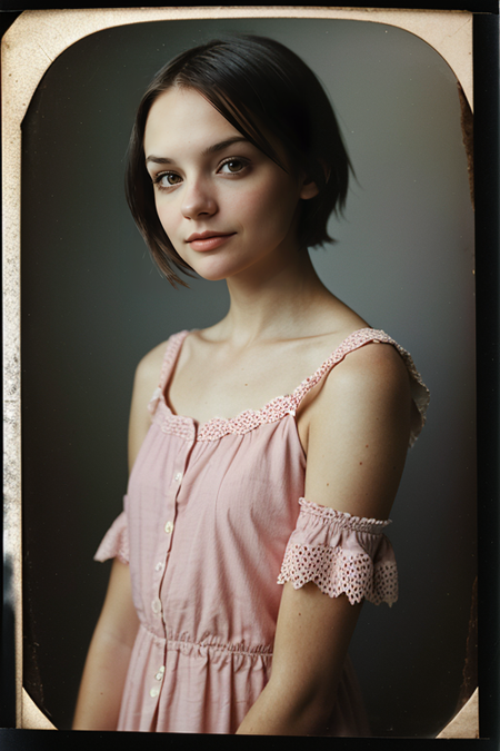 RachaelLeighCook, ((1900s photograph, Gibson tuck, soft blush wearing cotton chemise with square neckline, ruffled cuffs, and delicate lace trim, antique setting)), Century Camera Co. Studio, 160mm f/8, 1/10s, ISO 25, ((tintype))