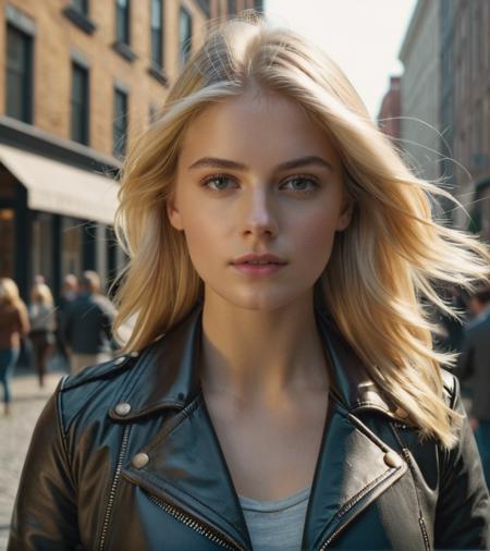 1girl, hair blonde, 1700s, beauty face, (ultra realistic, 8k,high quality),(medium shot), wearing a leather jacket, on a city downtown