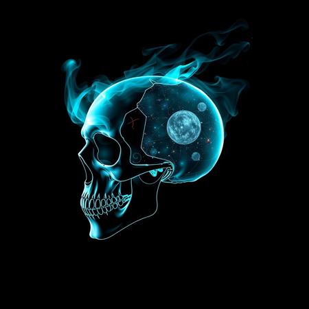 Cybernetic Skull, black background, slhouette black and white outline, skull made of smoke, neon teal_flames, pov sideview, smoke rises from back of skull, whole Galaxy in skull