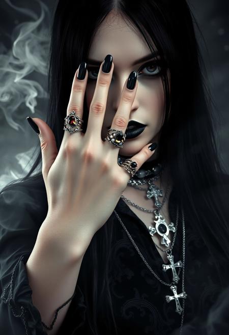 (dark mood masterpiece Photography by John Berkey and Mario Giacomelli:1.2), (amazing transcendental's dream:3.5) The photo depicts a powerful gothic sorceress, her face partially hidden by her elegantly adorned hand. She has pale, slender fingers, on which several silver magical rings, set with dark gemstones like onyx and amethyst, glimmer. Her hand is decorated with mysterious tattoos that seem to pulse with a dark energy.She wears a gothic ensemble, a black velvet dress richly embroidered with occult patterns. Her long black hair frames her pale face, and her eyes, accentuated with dark makeup, shine with an intense light. Large silver necklaces, with pendants shaped like crosses and ancient symbols, rest on her chest. The background is misty, with shadows dancing around her, enhancing the mystical and sinister atmosphere of the scene, (maximum ultra high definition image quality and rendering:3), maximum image detail, maximum realistic render, (((ultra realist style))), realist side lighting, , 8K high definition, realist soft lighting, (amazing special effect:3.5)