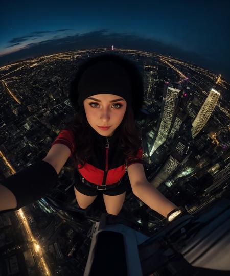 <lora:LowRa:0.8> Маша making extreme selfie on skyscraper, bird's eye view, from above, night