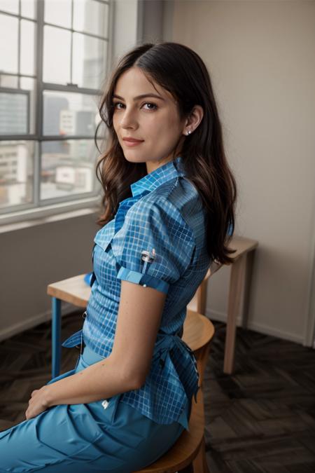 wearing a business suit, Fluorescent Blue blouse,  birthday party  <lora:Monica1873Bar:1> a woman, m1873b, solo,