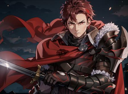 masterpiece, battlefield, dark, night, 1boy, solo, upper body, serious, furrowed brow, (holding sword:1.1), <lora:DiamantFE:0.8> DiamantFE, gloves, armor, fur trim, shoulder armor, red cape