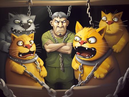 vlozhkin style painting of yellow cat captured in chains, jail, angry sad mans are standing on sides <lora:vlozhkin5:0.7>