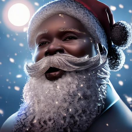 Perfectly-centered of African orna santa in north pole, ((beautiful eyes)), highly detailed beard, ((dark fantasy)), dynamic lighting, stars,cover photo, trending in artstation