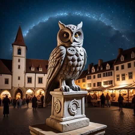 medieval era, feral stone owl statue, medieval marketplace, night sky, medieval stalls, fountain,