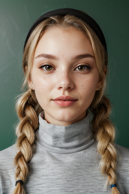 photo of beautiful RachelYampolsky:0.99, a woman, ((blonde hair, twin tails)), ((classroom, chalkboard):1.2), ((turtleneck sweater):1.2), ((closeup, portrait):1.2) ((best quality, masterpiece):1.2), ((red lips, eye shadow, eyeliner):1.1), (photorealistic:1.2) (best quality) ((detailed eyes, detailed face):1.2)(intricate details) (8k) (HDR) (cinematic lighting) (sharp focus), ((fully clothed, modest):1.3)